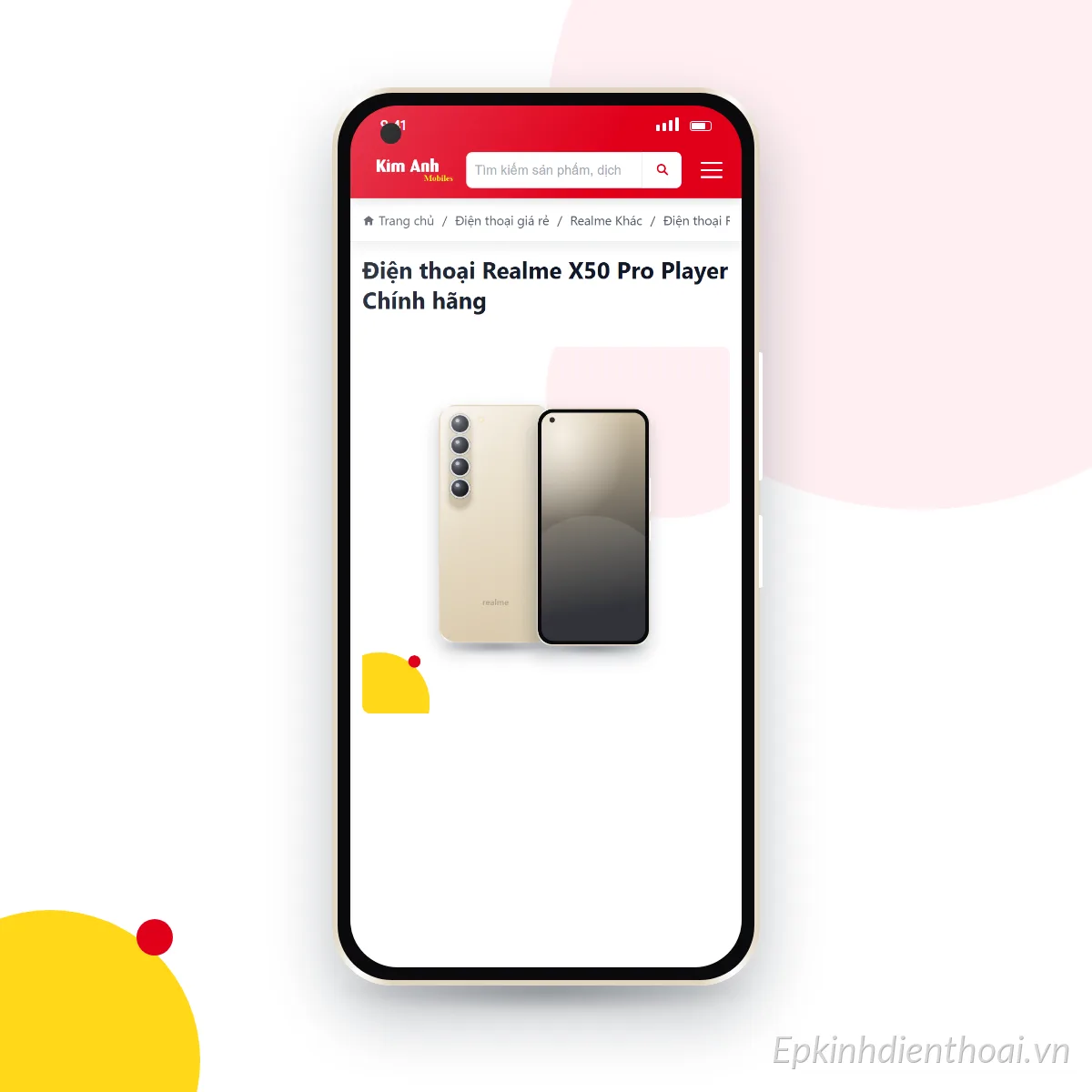Điện thoại realme X50 Pro Player đang mở trang sản phẩm trên epkinhdienthoai.vn (ảnh minh hoạ)
