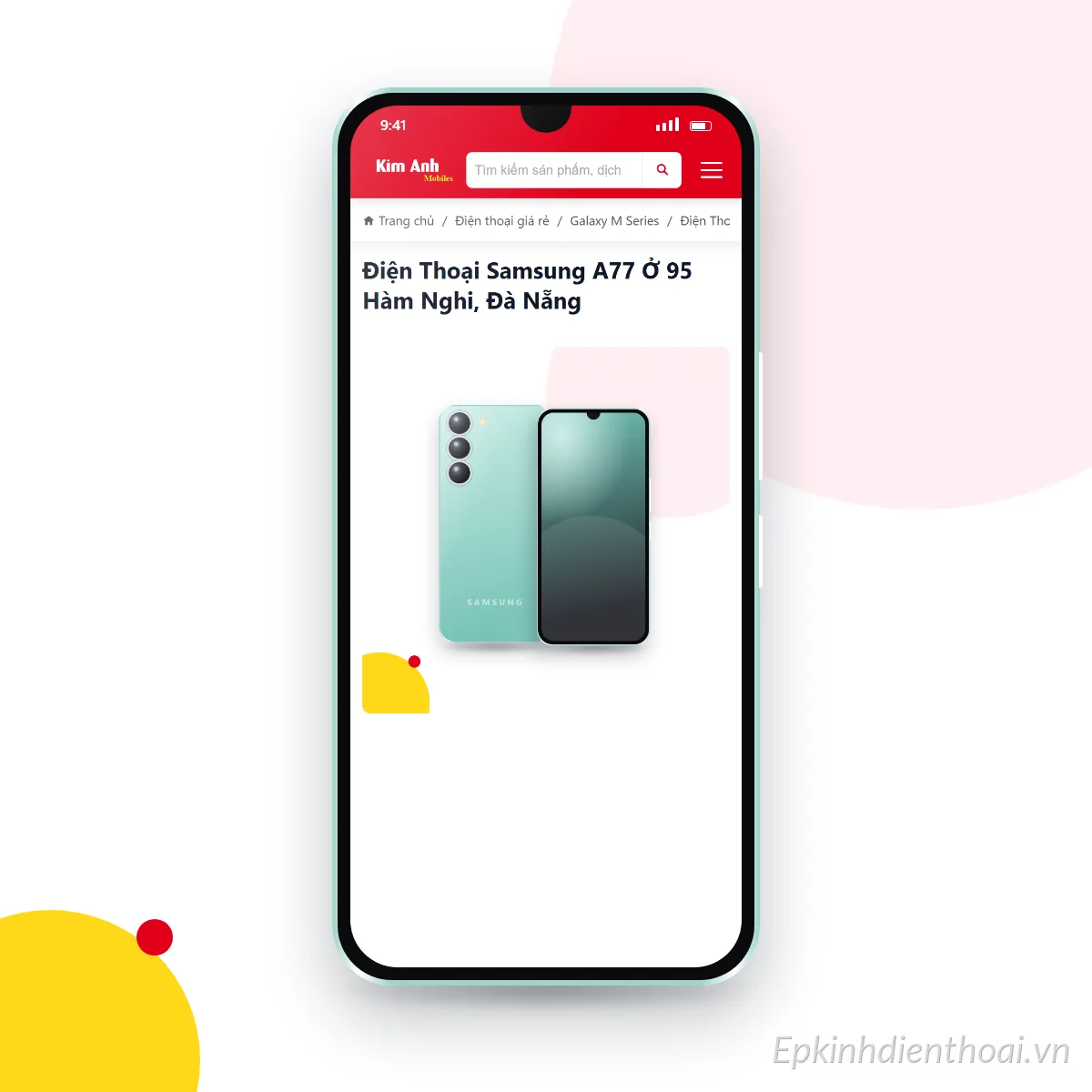 Điện thoại Samsung Galaxy A77 đang mở trang sản phẩm trên epkinhdienthoai.vn (ảnh minh hoạ)