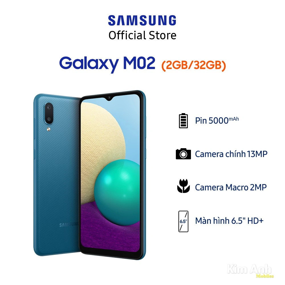 Điện thoại Samsung Galaxy M02 màu xanh chính hãng giá rẻ tại Kim Anh Mobile Đà Nẵng
