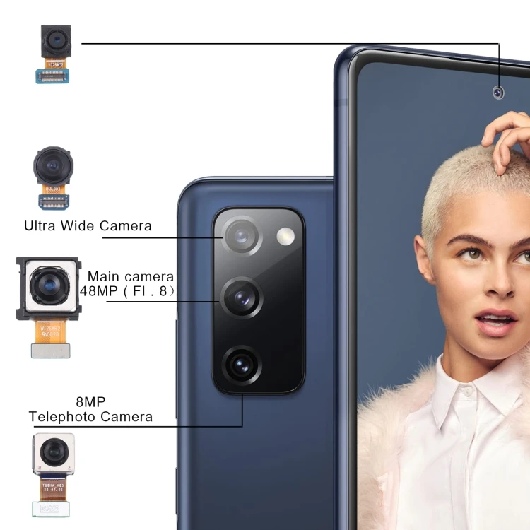 Điện thoại Samsung Galaxy S20 FE màu xanh, chi tiết cụm camera sau 48MP, chính hãng giá tốt.