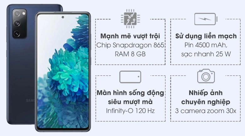 Điện thoại Samsung Galaxy S20 FE màu xanh đen chính hãng, cấu hình mạnh mẽ tại Kim Anh Mobile Đà Nẵng.