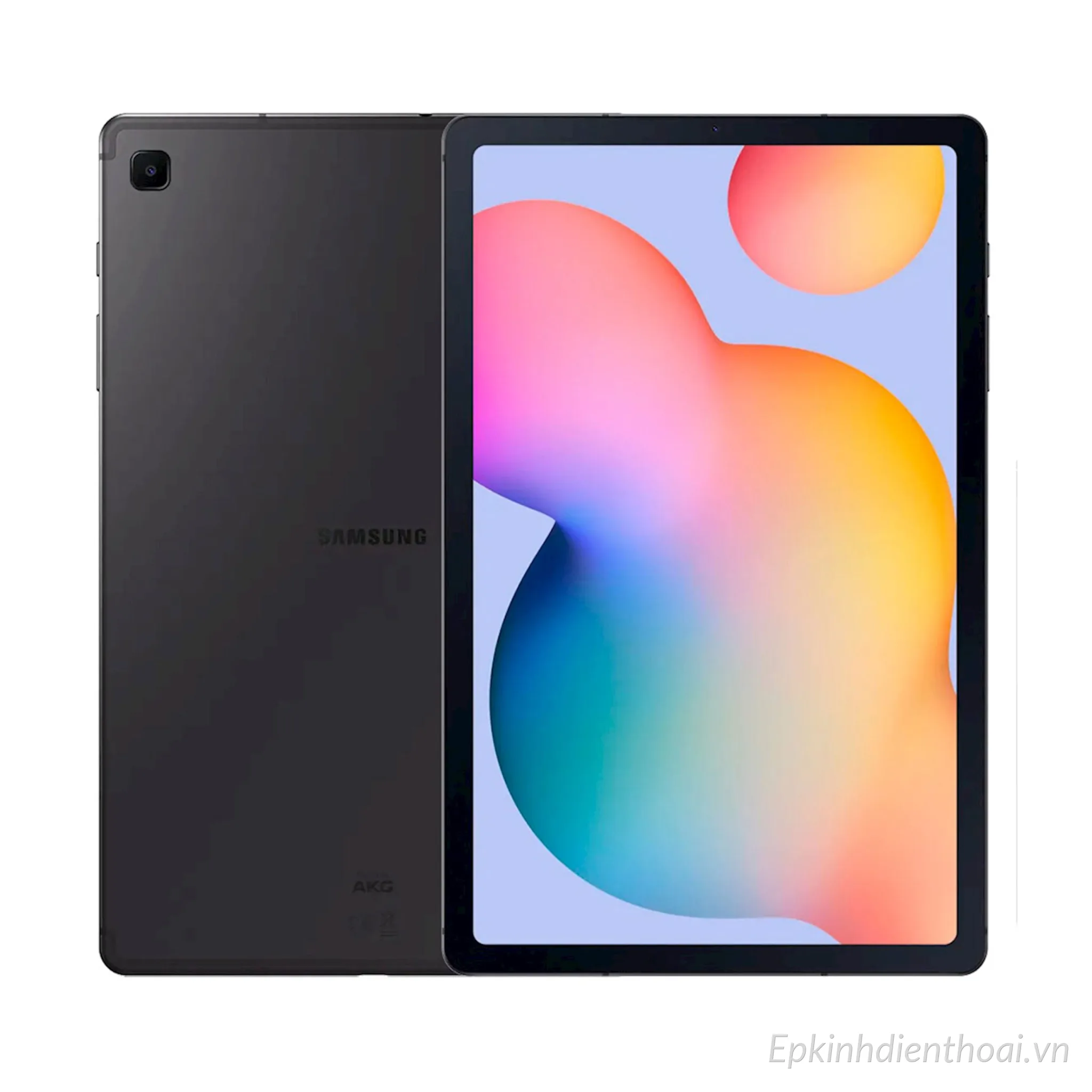 Máy tính bảng Samsung Galaxy Tab S6 Lite màu xám, hiển thị rõ mặt trước màn hình và mặt lưng nhôm