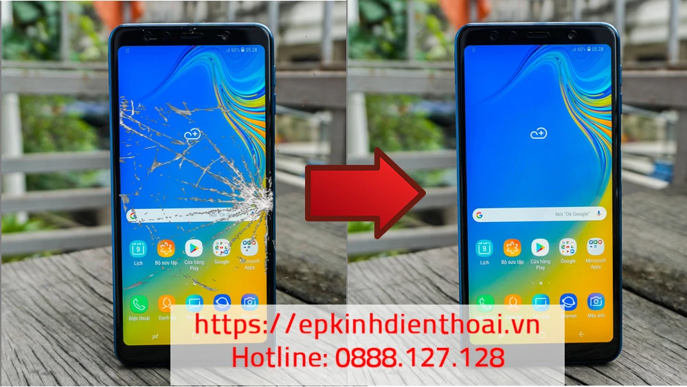 Điện thoại Samsung Galaxy A7 trước và sau khi ép kính màn hình uy tín tại Kim Anh Mobile Đà Nẵng.