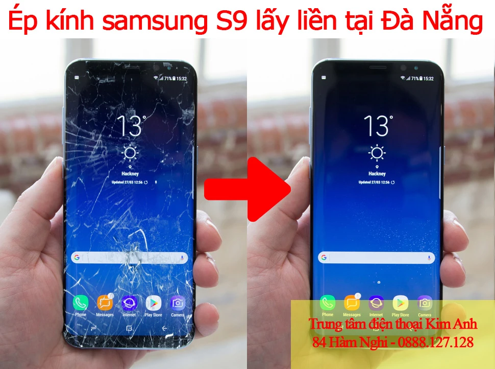 Ép kính Samsung Galaxy S9 lấy liền tại Kim Anh Mobile Đà Nẵng, màn hình đẹp như mới.