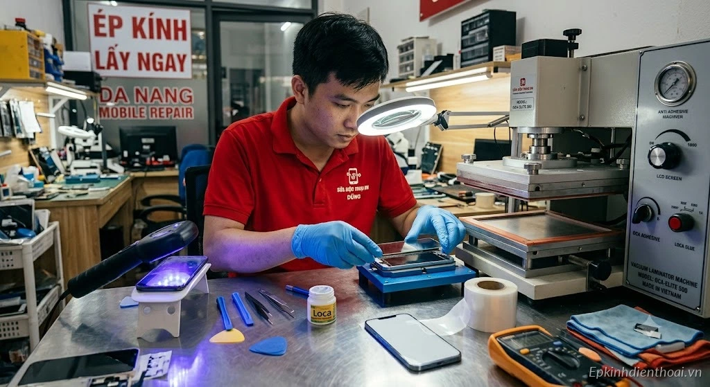Kỹ thuật viên ép kính điện thoại lấy ngay tại Kim Anh Mobile Đà Nẵng