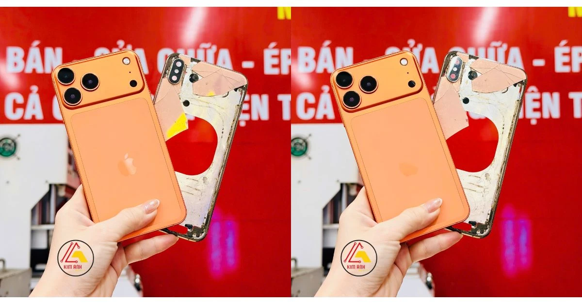 Thay kính lưng iPhone 15 Pro Max màu cam zin lấy ngay tại Kim Anh Mobile Đà Nẵng.