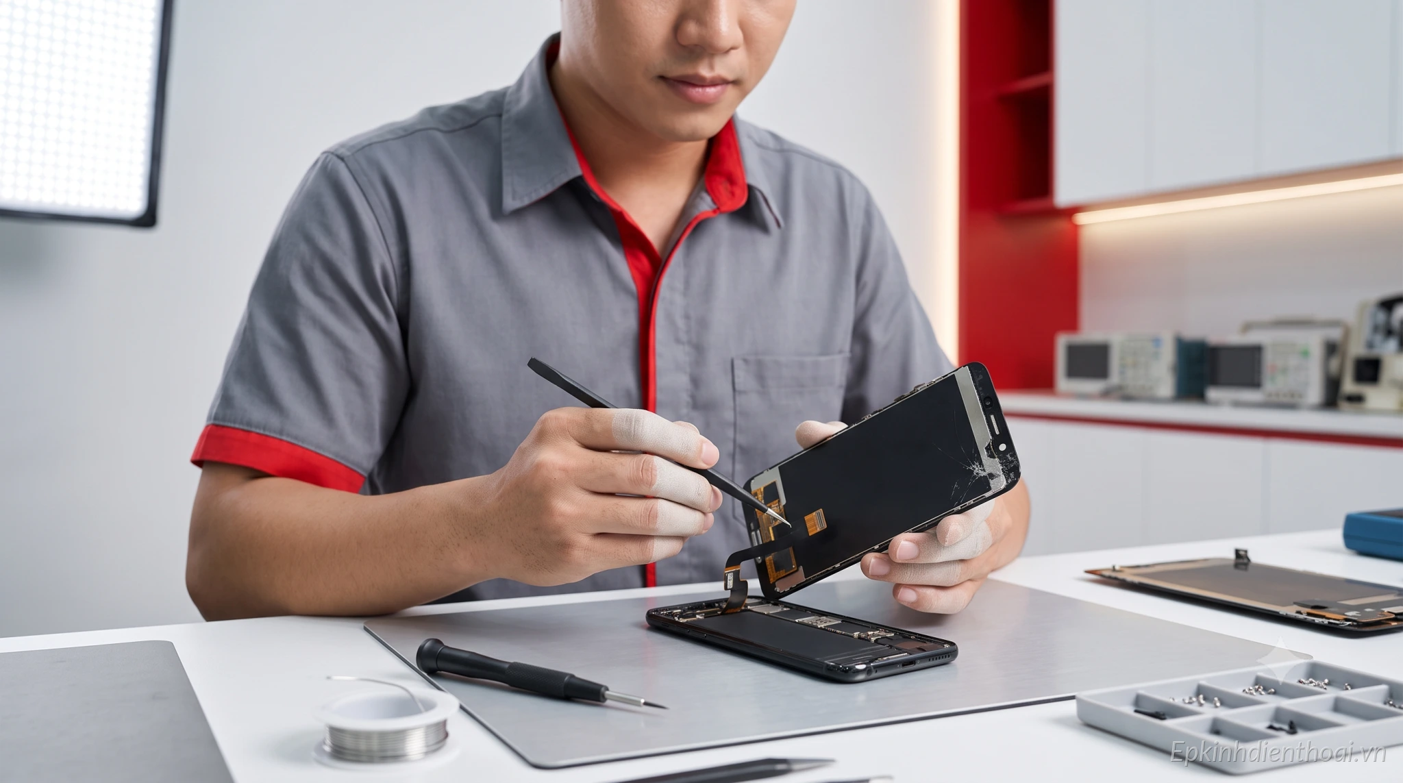 Kỹ thuật viên thay màn hình điện thoại bị vỡ lấy ngay tại Kim Anh Mobile Đà Nẵng
