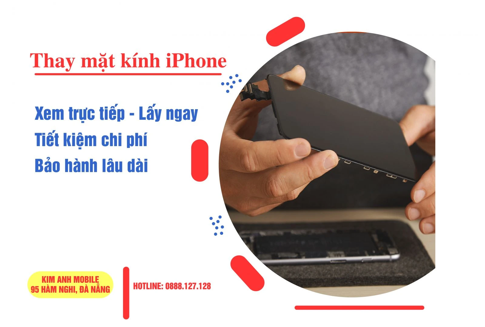 Dịch vụ thay mặt kính iPhone nhanh chóng, lấy ngay tại Kim Anh Mobile Đà Nẵng.
