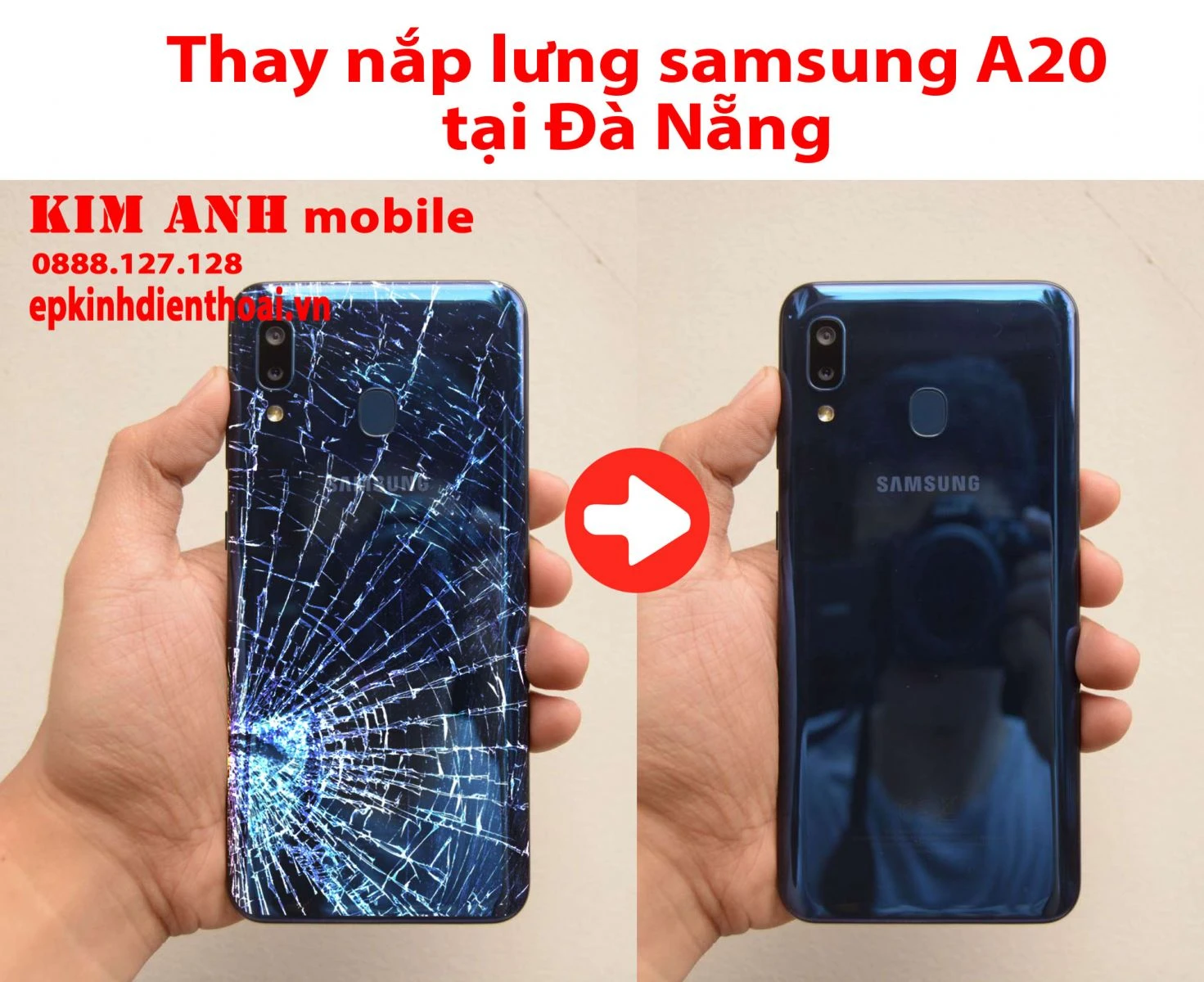 Thay nắp lưng Samsung A20 bị vỡ thành mới tại Kim Anh Mobile Đà Nẵng uy tín