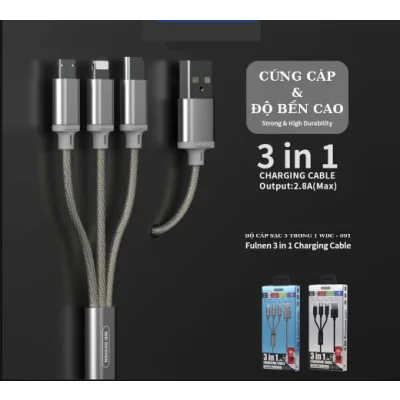Cáp Sạc Nhanh 3in1 Đa Năng Wekome WDC-091, Dây Sạc 3 Đầu Dây Dù Cao Cấp Tương Thích Mọi Thiết Bị